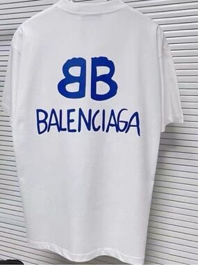 Balenciaga White Short-Sleeve Tee with Blue Chest Logo